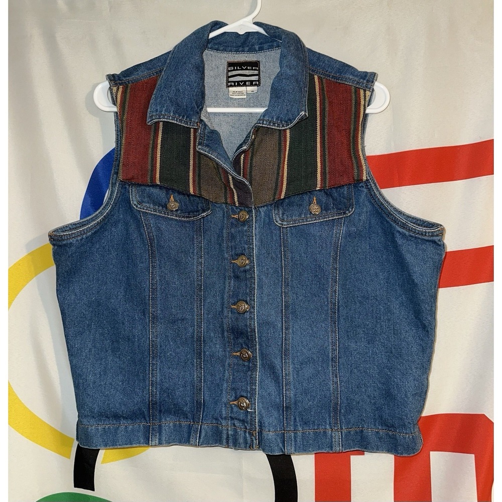 Vintage Silver River Denim Vest XL Button Up Striped Western